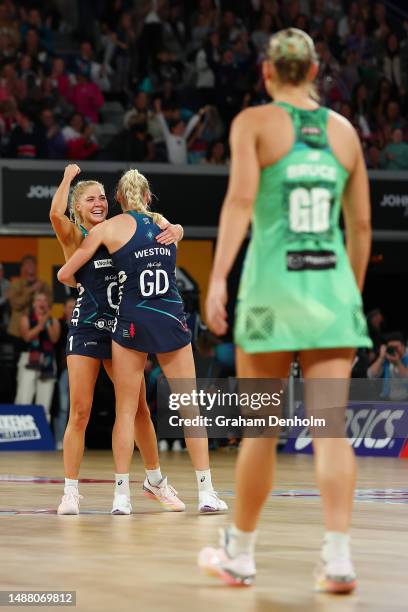 Kate Moloney and Jo Weston of the Vixens celebrate victory in the round eight Super Netball match between Melbourne Vixens and West Coast Fever at...