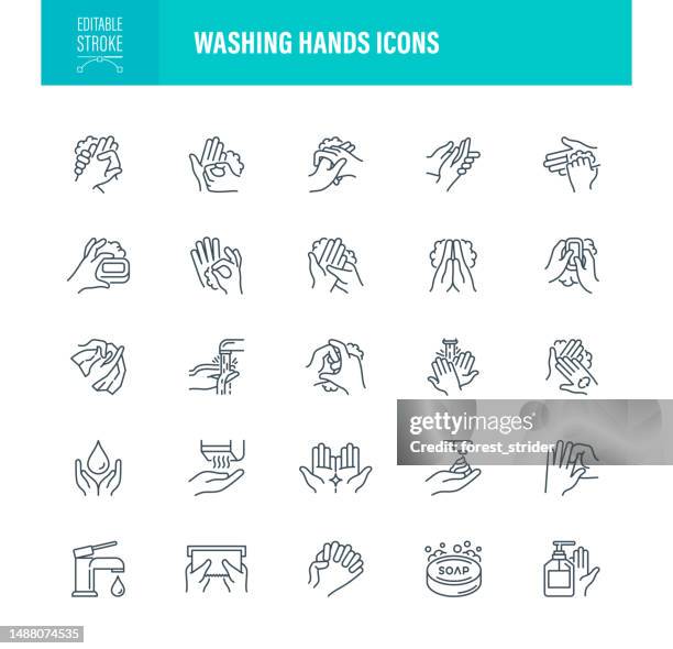 illustrations, cliparts, dessins animés et icônes de icônes de lavage des mains trait modifiable - aller de lavant