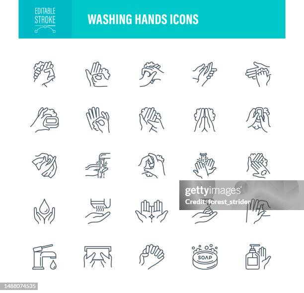 stockillustraties, clipart, cartoons en iconen met hand washing icons editable stroke - hand sanitizer