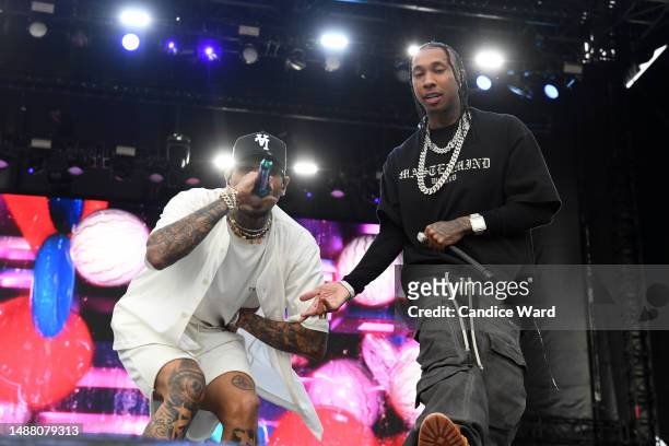 Chris Brown and Tyga perform during the Lovers & Friends music festival at the Las Vegas Festival Grounds on May 06, 2023 in Las Vegas, Nevada.