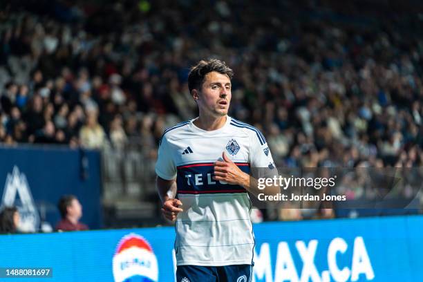 Alessandro Schöpf of the Vancouver Whitecaps FC jogs off the pitch in the first half against Minnesota United FC at BC Place on May 6, 2023 in...
