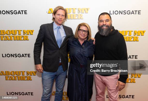 Austen Earl, Judi Marmel and Andrew Miano during the red carpet for "About My Father" Chicago Premiere at the AMC River East on May 06, 2023 in...