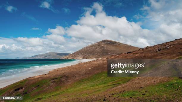 falkland islands coast green hills and natural white sandy beach - mlenny stock pictures, royalty-free photos & images
