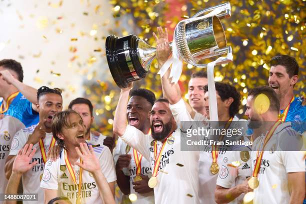 Daniel Carvajal of Real Madrid celebrates with the trophy after winning the Copa del Rey Final match between Real Madrid and CA Osasuna at Estadio de...