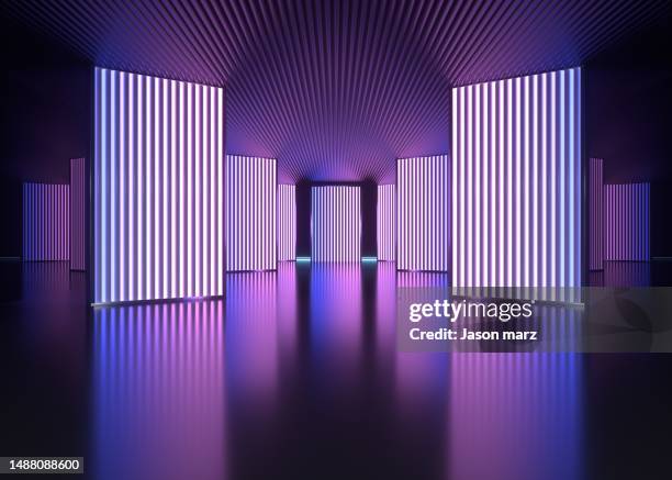 abstract futuristic geometric neon light background - palco iluminado imagens e fotografias de stock