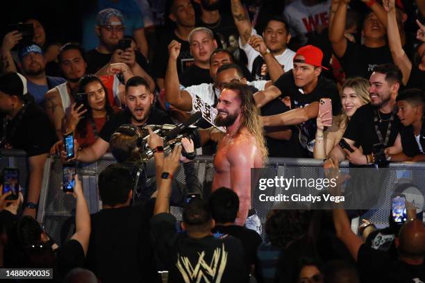 Seth "Freakin" Rollins celebrates his victory during the WWE Backlash at Coliseo de Puerto Rico José Miguel Agrelot on May 06, 2023 in San Juan,...