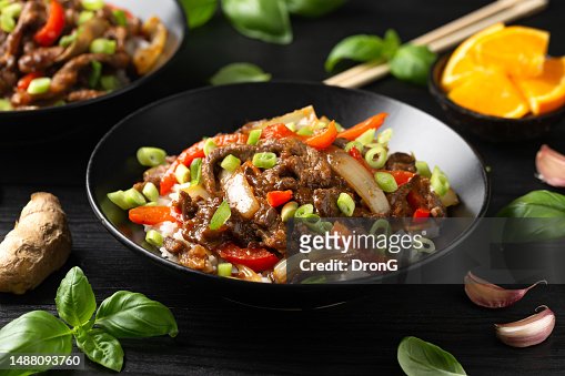 Stir Fry Crispy Orange Beef With Sweet Peppers Onion And Rice Asian ...