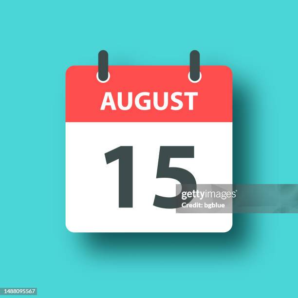 august 15 - daily calendar icon on blue green background with shadow - 15 august stock illustrations