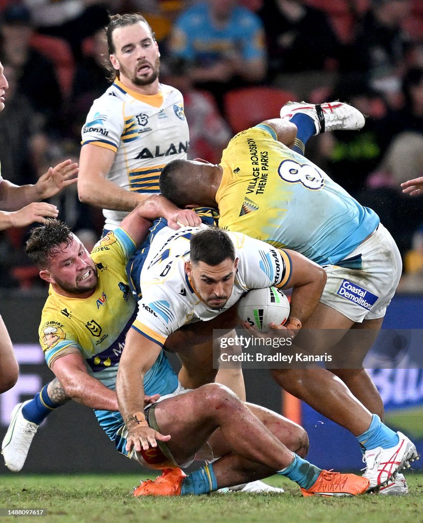 Ryan Matterson Rugby Ryan Matterson of the Eels is tackled during the round 10 NRL match ...