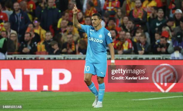 Alexis Sanchez of Marseille react during the Ligue 1 match between RC Lens and Olympique Marseille at Stade Bollaert-Delelis on May 06, 2023 in Lens,...