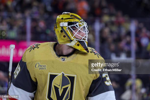 Laurent Brossoit of the Vegas Golden Knights takes a break during a stop in play in the first period of Game Two of the Second Round of the 2023...