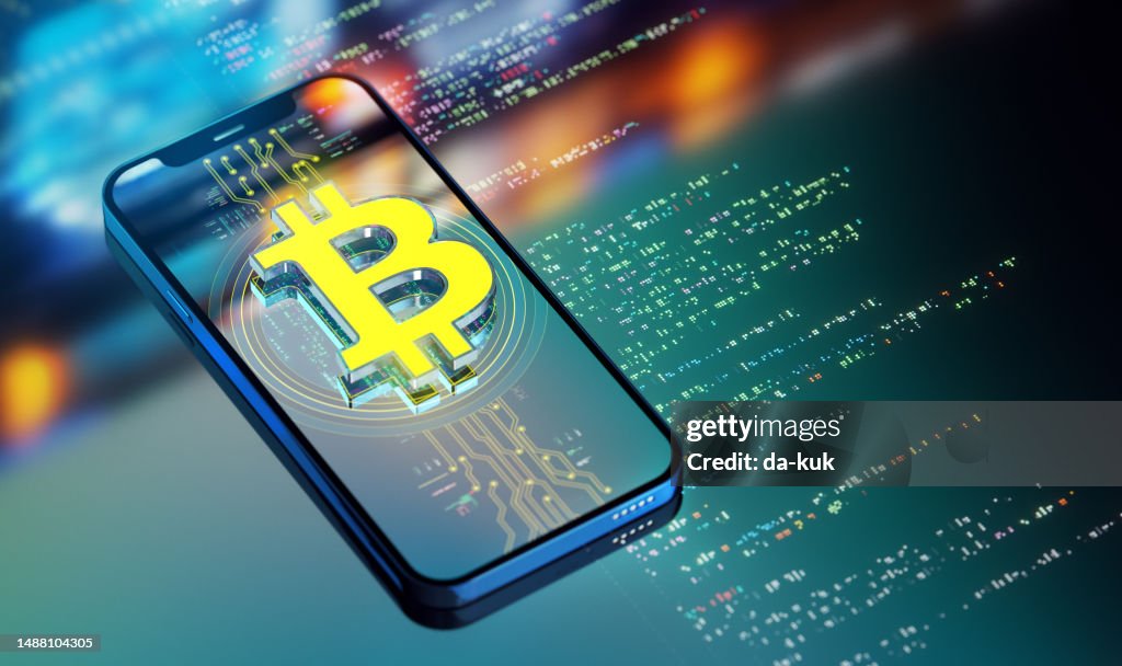 The Power of Crypto currency and digital wallets. Transforming Industries and Customer Service. A Look into the Future. Yellow Bitcoin icon on smart phone. 3D render