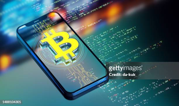 the power of crypto currency and digital wallets. transforming industries and customer service. a look into the future. yellow bitcoin icon on smart phone. 3d render - bitcoin phone stock pictures, royalty-free photos & images