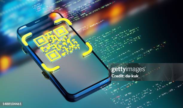 qr code as global communication and payment services. transforming industries and customer service. a look into the future. yellow qr code icon on smart phone. modern 3d render - qr code stockfoto's en -beelden