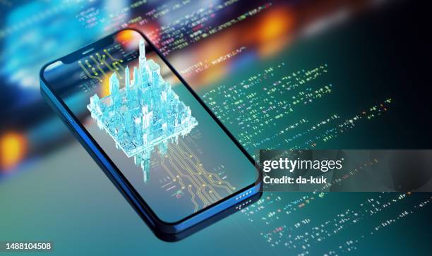 smart city concept. futuristic city controlled from phone. tech science background. - smart city stock pictures, royalty-free photos & images