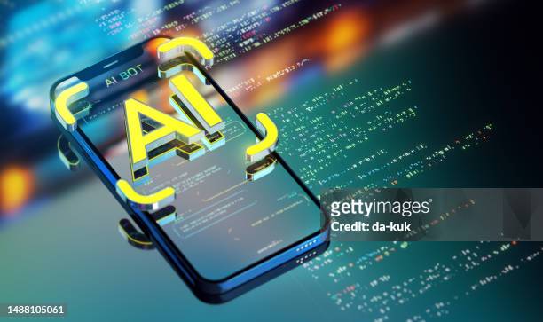 the power of ai. transforming industries and customer service. a look into the future. yellow ai icon processing texts and commands on smart phone. 3d render - development and coding stockfoto's en -beelden