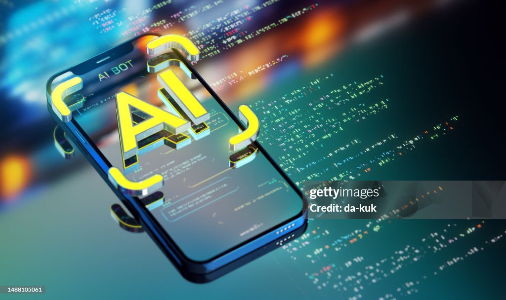 The Power of AI. Transforming Industries and Customer Service. A Look into the Future. Yellow AI icon processing texts and commands on smart phone. 3D render