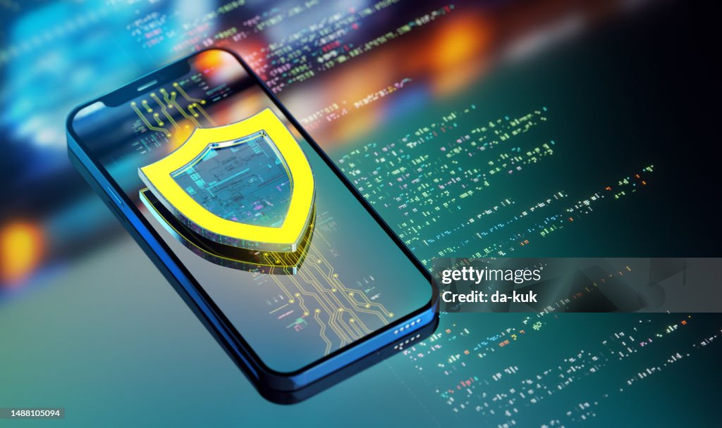 Concepto de ciberseguridad en Internet. Protección de firewall de escudo digital contra virus y malware. Protección del teléfono del icono del escudo. Antecedentes de tecnología futurista moderna. Renderizado 3D
