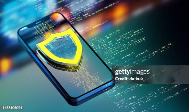 internet cyber security concept. digital shield firewall protection from viruses and malware. shield icon phone protection. modern futuristic technology background. 3d render - antivirus software bildbanksfoton och bilder