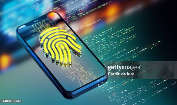 digital security. biometric fingerprint authentication. biometric safety concept. modern futuristic technology background. 3d render - sensor imagens e fotografias de stock