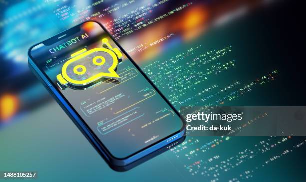 chatbot impulsado por ia. transformando industrias y servicio al cliente. icono amarillo de chatbot sobre teléfono inteligente en acción. renderizado 3d moderno - inteligencia artificial fotografías e imágenes de stock