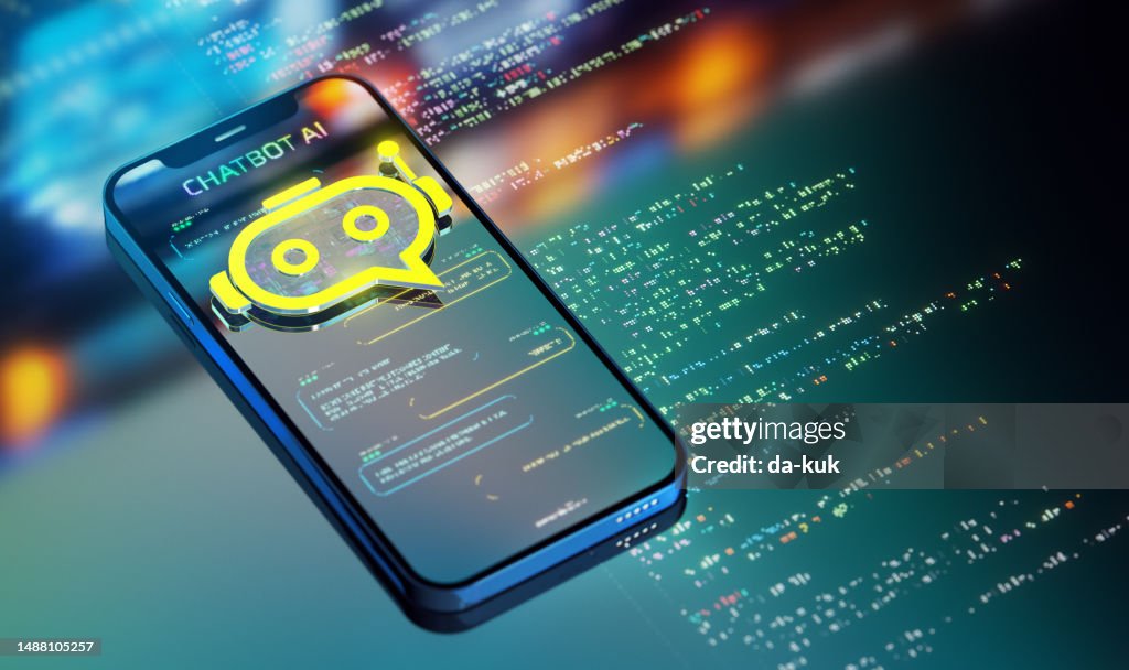 Chatbot alimentado por IA. Transformando Indústrias e atendimento ao cliente. Ícone amarelo do chatbot sobre o smartphone em ação. Renderização 3D moderna