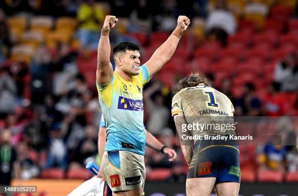 David Fifita of the Titans celebrates victory after the round 10 NRL match between Gold Coast Titans and Parramatta Eels at Suncorp Stadium on May...