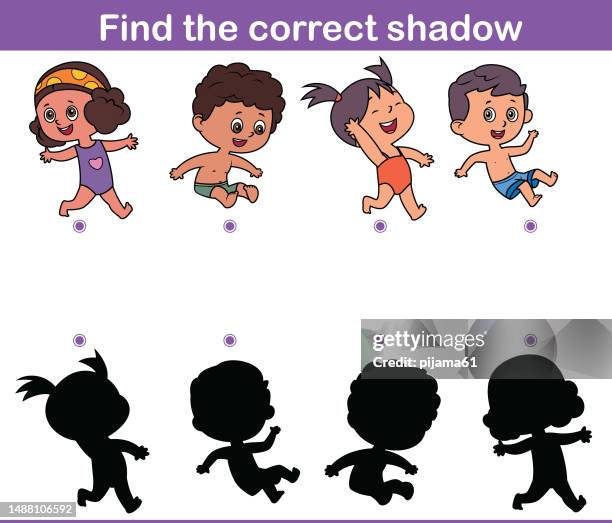 find the correct shadow, education game. kids summer - worksheet stock illustrations