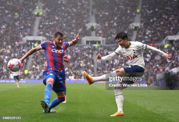 Son Heung-Min of Tottenham Hotspur crosses the ball as he is challenged by Joel Ward of Crystal Palace during the Premier League match between...