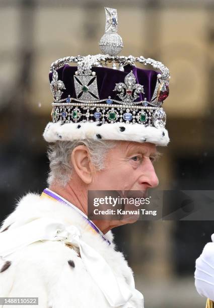 King Charles III departs the Coronation service of King Charles III and Queen Camilla at Westminster Abbey on May 06, 2023 in London, England. The...