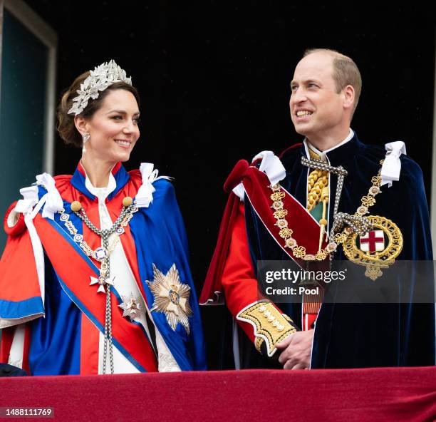 Catherine, Princess of Wales and Prince William, Prince of Wales on the balcony of Buckingham Palace following the Coronation of King Charles III and...