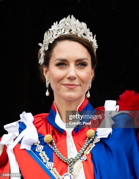 Catherine, Princess of Wales on the balcony of Buckingham Palace following the Coronation of King Charles III and Queen Camilla on May 06, 2023 in...