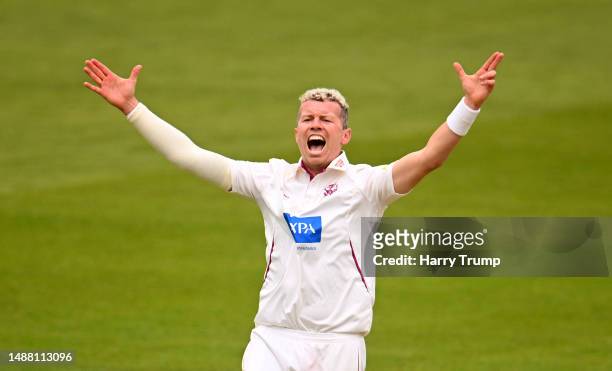 Peter Siddle of Somerset unsuccessfully appeals for the LBW of Jordan Buckingham of Northamptonshire during Day Four of the LV= Insurance County...