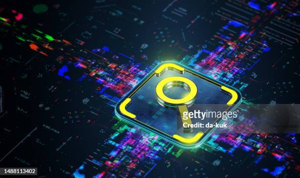 the power of search engine. transforming industries and customer service. a look into the future of ai search. yellow loupe icon processing search requests. modern 3d render - internet search stock pictures, royalty-free photos & images