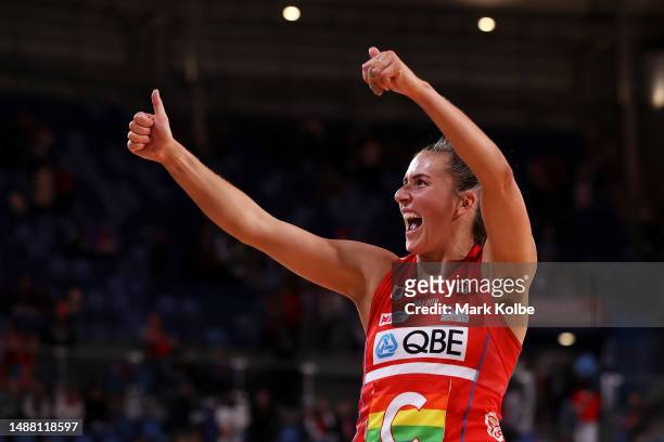 Maddy Proud of the Swifts thanks the crowd as she celebrate victory during the round eight Super Netball match between NSW Swifts and Sunshine Coast...