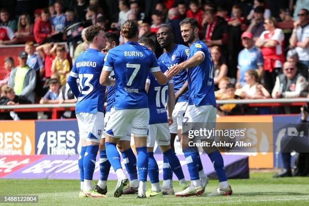 Freddie Ladapo of Ipswich Town celebrates after scoring the team's first goal with teammates during the Sky Bet League One between Fleetwood Town and...