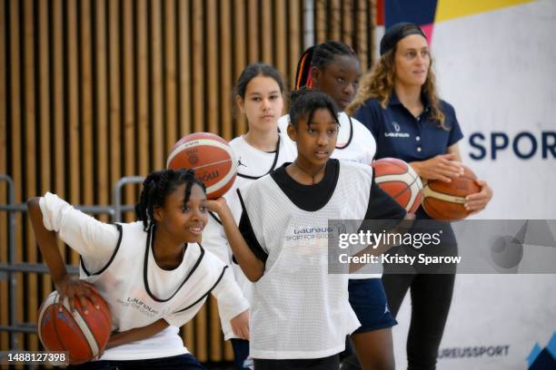 Youths in action during Sports for Good visit ahead of the 2023 Laureus World Sport Awards Paris at Paris Basket 18 on May 07, 2023 in Paris, France.