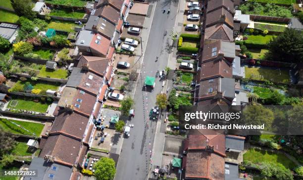 coronation street party - street party uk stock pictures, royalty-free photos & images