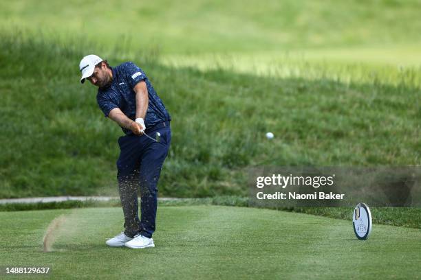 Romain Langasque of France tees off on the 7th hole during Day Four of the DS Automobiles Italian Open at Marco Simone Golf Club on May 07, 2023 in...