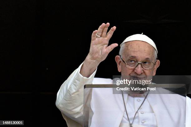 Pope Francis attends the Sunday Regina Coeli prayer and delivers his Angelus Blessing from his studio overlooking St Peter's Square on May 07, 2023...