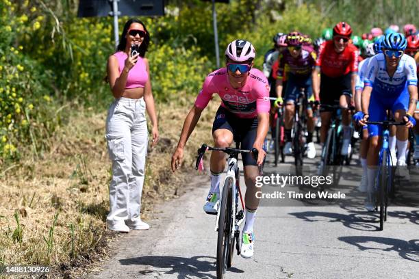 Remco Evenepoel of Belgium and Team Soudal - Quick Step - Pink Leader Jersey meets his girlfriend Oumaima Oumi Rayane during the 106th Giro d'Italia...