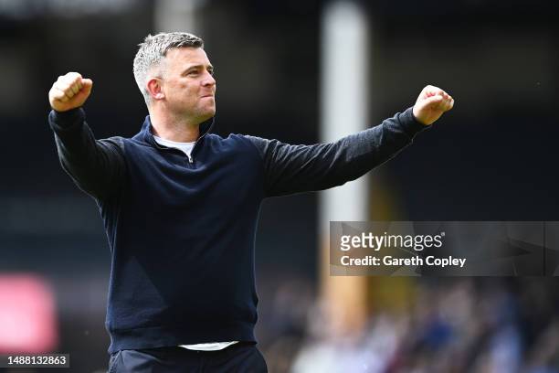Steven Schumacher, Manager of Plymouth Argyle, celebrates after winning the Sky Bet League One title after victory against Port Vale in the Sky Bet...