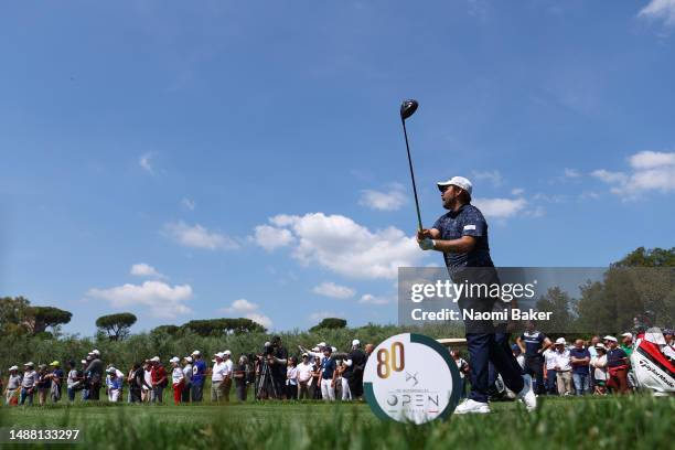 Romain Langasque of France tees off on the 7th hole during Day Four of the DS Automobiles Italian Open at Marco Simone Golf Club on May 07, 2023 in...