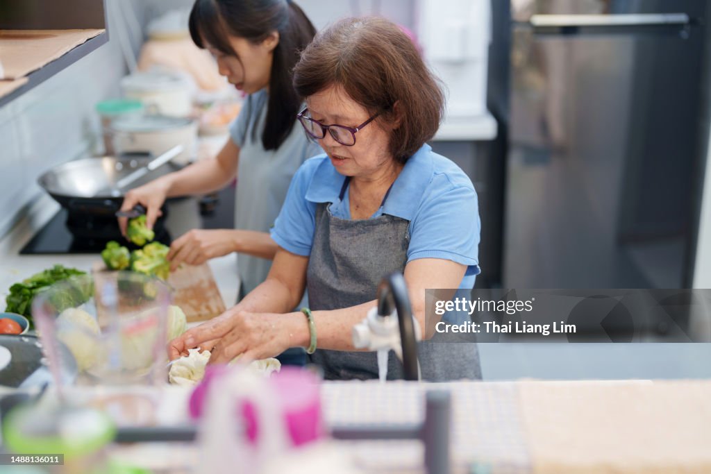 An Asian family, including a senior mother and daughter, is preparing food together in the kitchen at home, enjoying some quality family bonding time