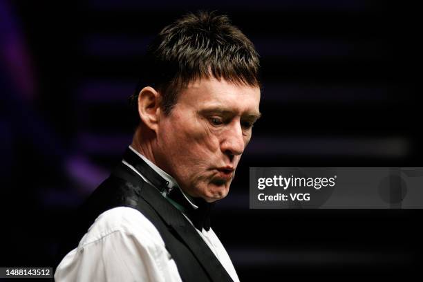 Jimmy White of England reacts in the semi-final match against Tony Drago of Malta on day 5 of the 2023 LLP Solicitors World Seniors Championship at...