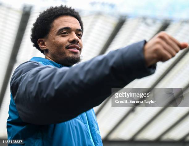 Jamal Lewis of Newcastle United arrives for the Premier League match between Newcastle United and Arsenal FC at St. James Park on May 07, 2023 in...