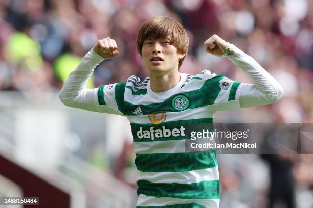 Kyogo Furuhashi of Celtic celebrates after scoring the team's first goal during the Cinch Scottish Premiership match between Heart of Midlothian and...
