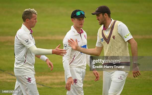 Peter Siddle, Cameron Bancroft and Craig Overton of Somerset interact during Day Four of the LV= Insurance County Championship Division 1 match...