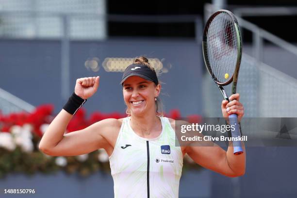 Beatriz Haddad Maia of Brazil celebrates match point with partner Victoria Azarenka against Coco Gauff and Jessica Pegula of United States during the...