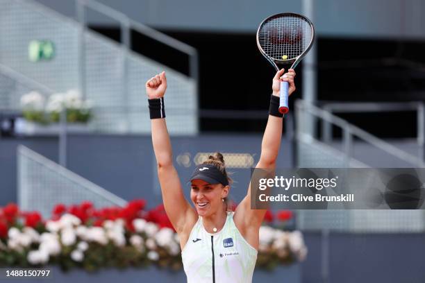 Beatriz Haddad Maia of Brazil celebrates match point with partner Victoria Azarenka against Coco Gauff and Jessica Pegula of United States during the...